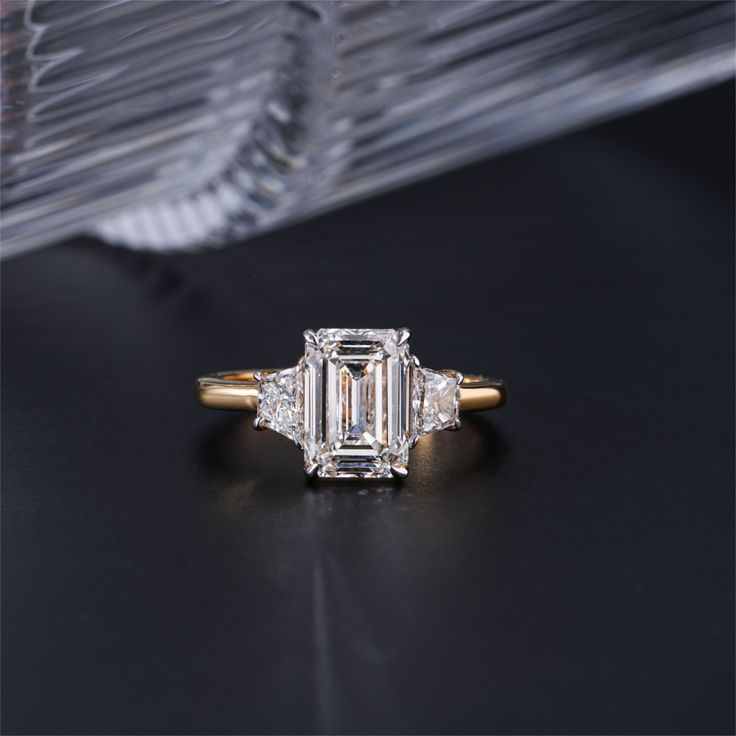 Emerald Cut Lab Grown Diamond Ring Three Stone Ring