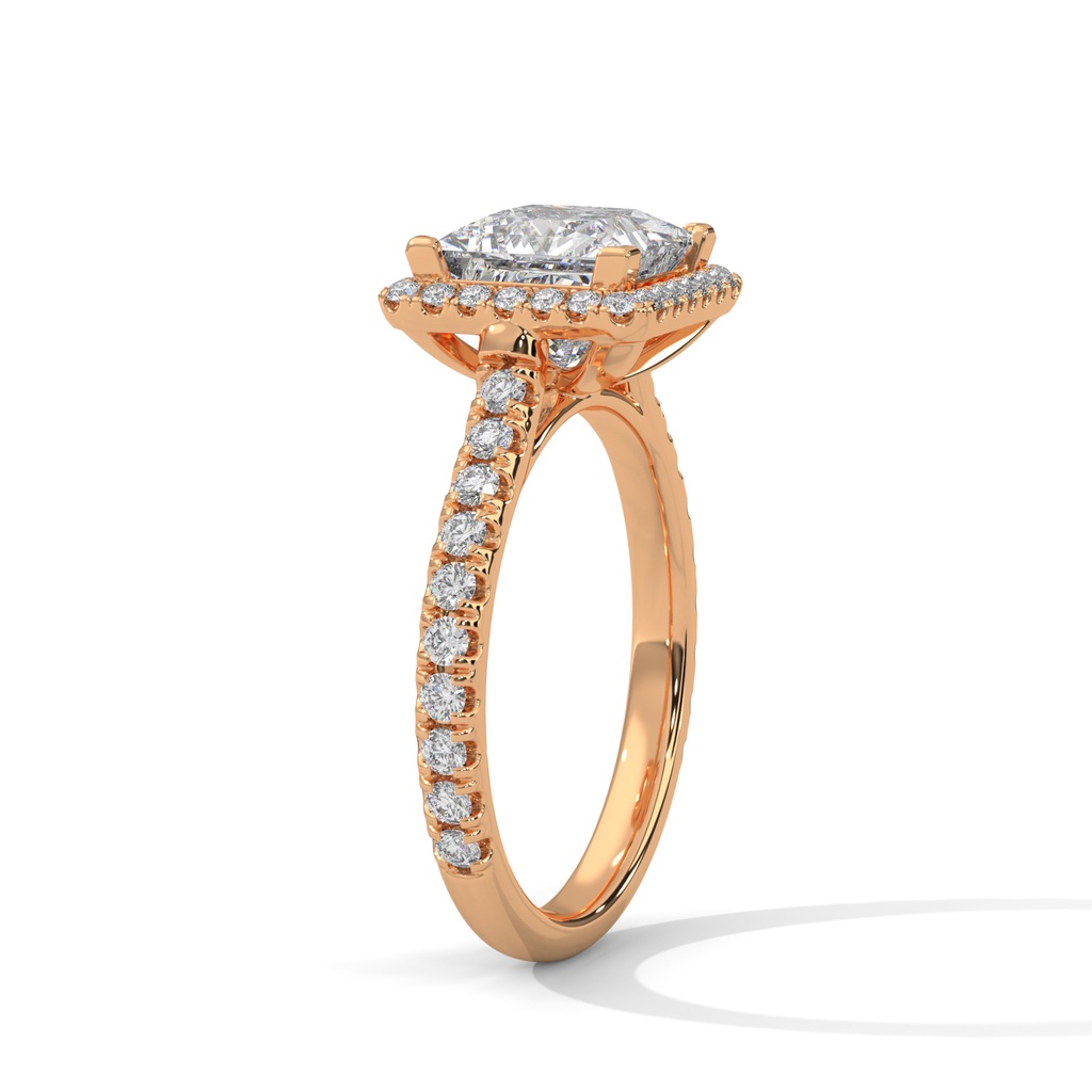 14k Rose Gold Sunflower Halo Pavé Princess Lab Diamond Engagement Ring Band diamond Setting view