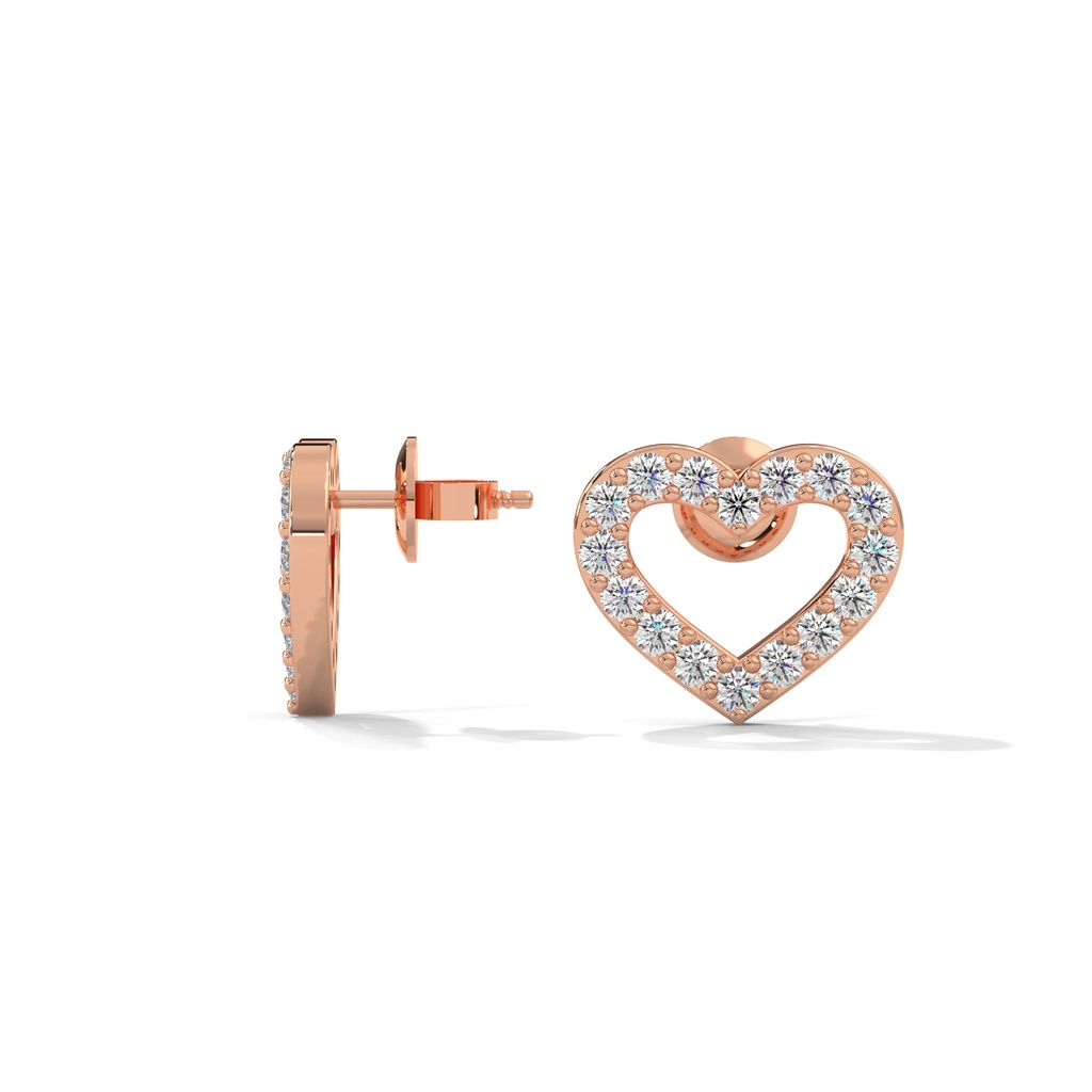 14K Rose Gold Round Diamond Heart Shape Designer Earrings side profile view showing the secure post and backing.