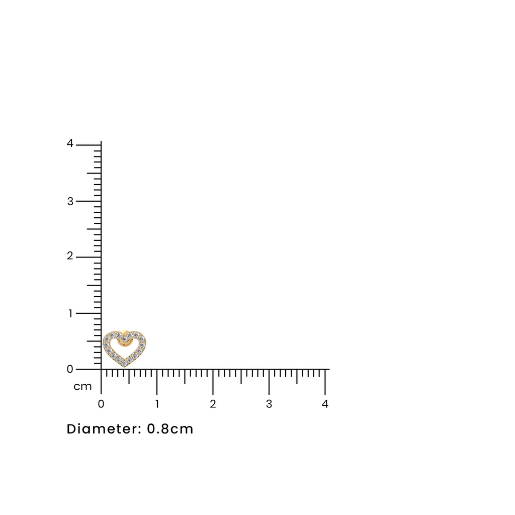14K Rose Gold Round Diamond Heart Shape Designer Earrings shown against a measurement scale for precise dimensions.