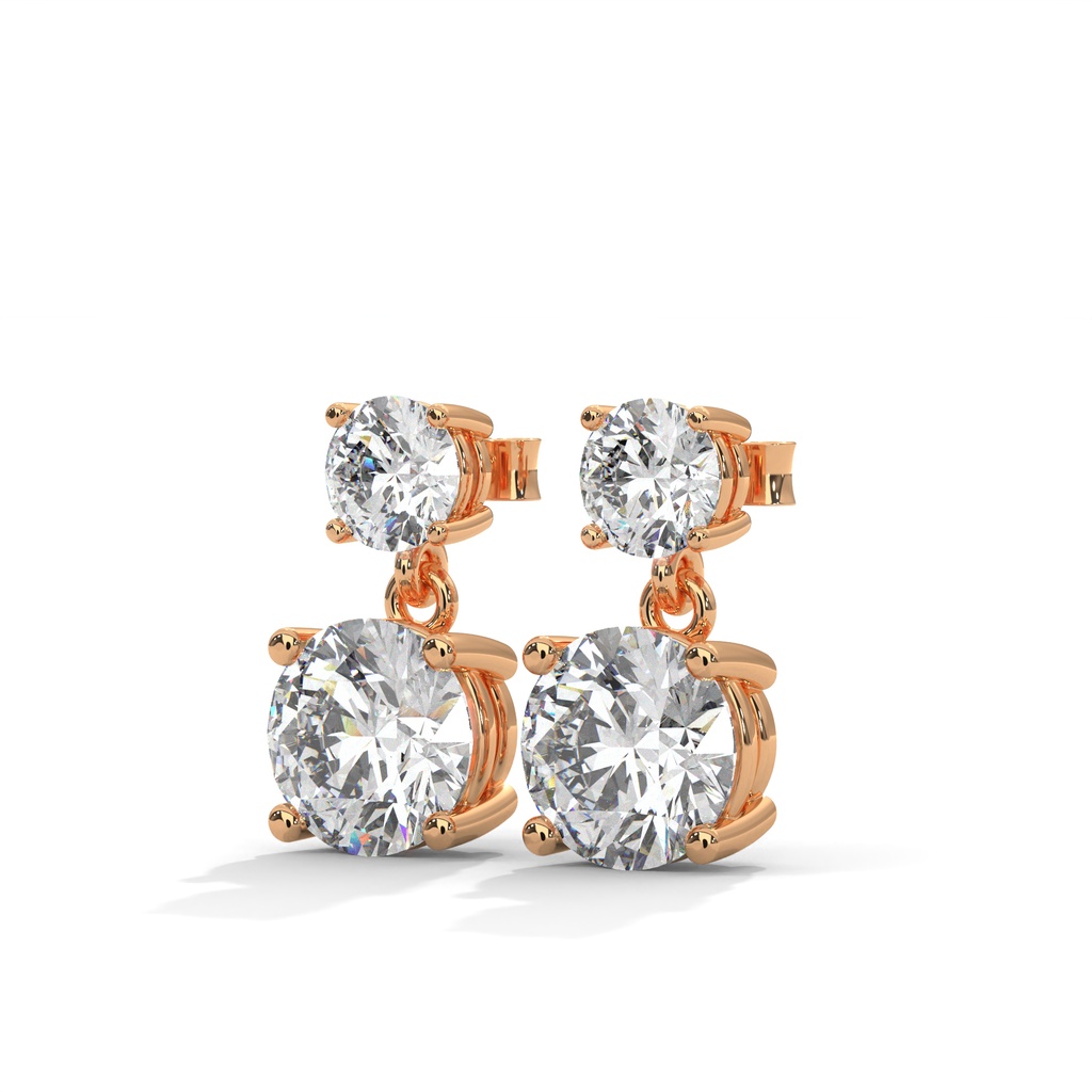 14K Rose Gold Midnight Shimmer Diamond Earrings front perspective, featuring two brilliant round diamonds stacked vertically