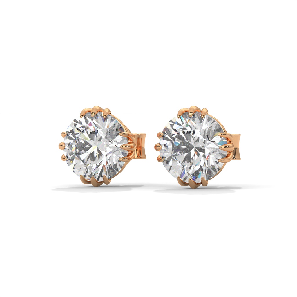 14K Rose Gold Navette claw studs front perspective view showing the brilliant-cut diamond in a specialized navette-style claw setting.