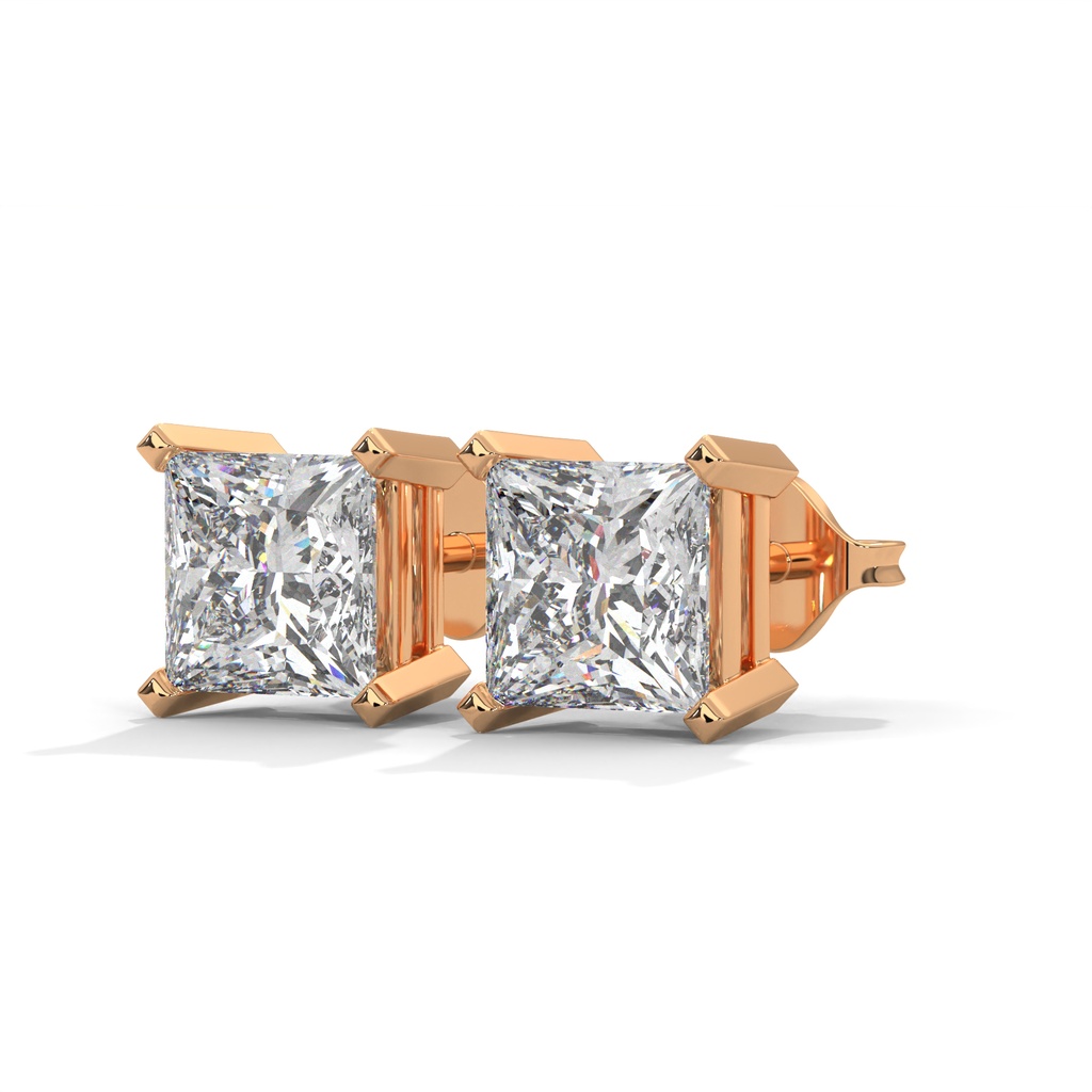 14K Rose Gold Eternal Prism Studs front perspective view showing the sharp, clean lines of a princess-cut diamond in a minimalist four-prong setting.