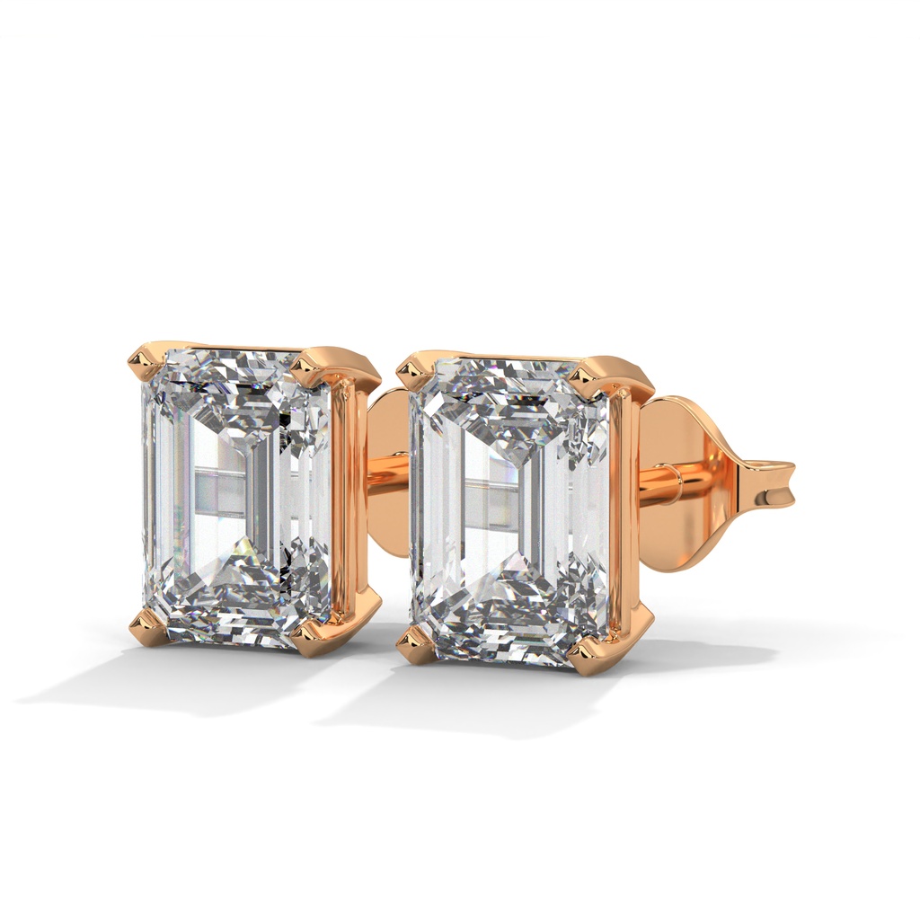 14K Rose Gold Infinity Emerald Studs front perspective view showing the classic emerald-cut diamond in a four-prong setting