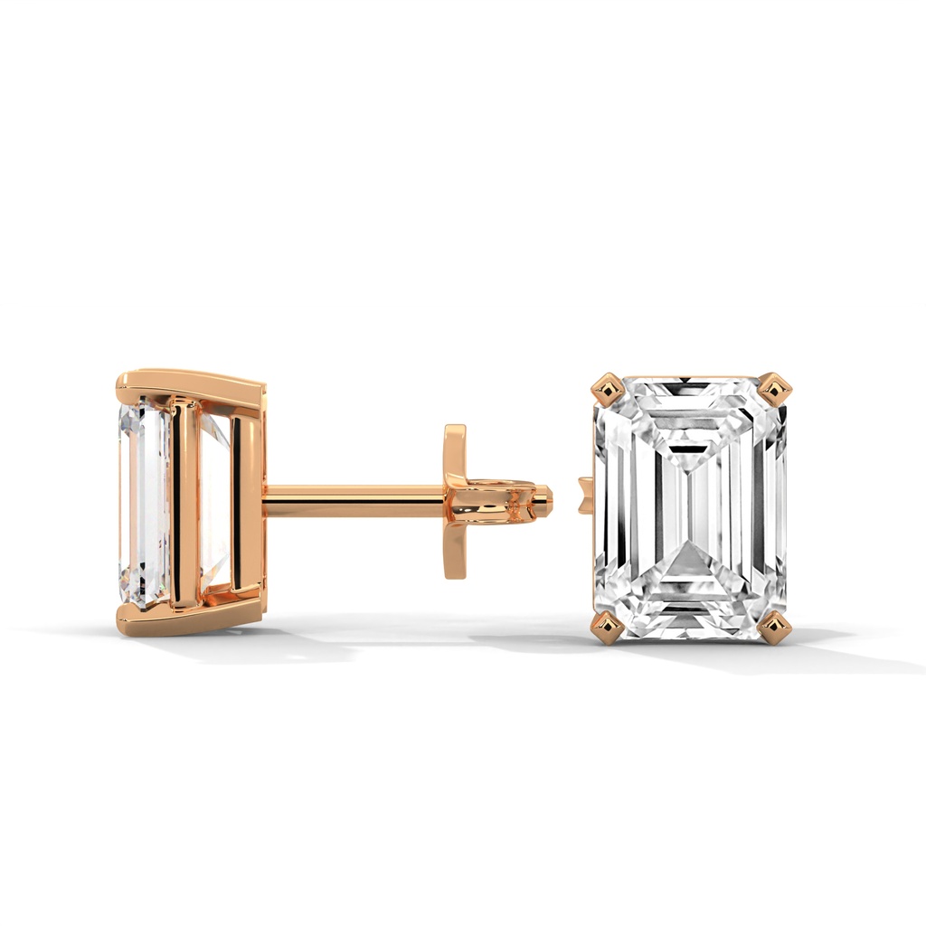 14K Rose Gold Infinity Emerald Studs side profile view highlighting the earring post and the clean lines of the basket setting
