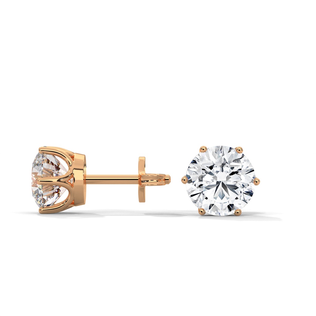 Side profile view of a 14K Rose Gold Luna Diamond Stud, showing the secure post and the elegant four-prong basket setting holding a single brilliant round diamond.