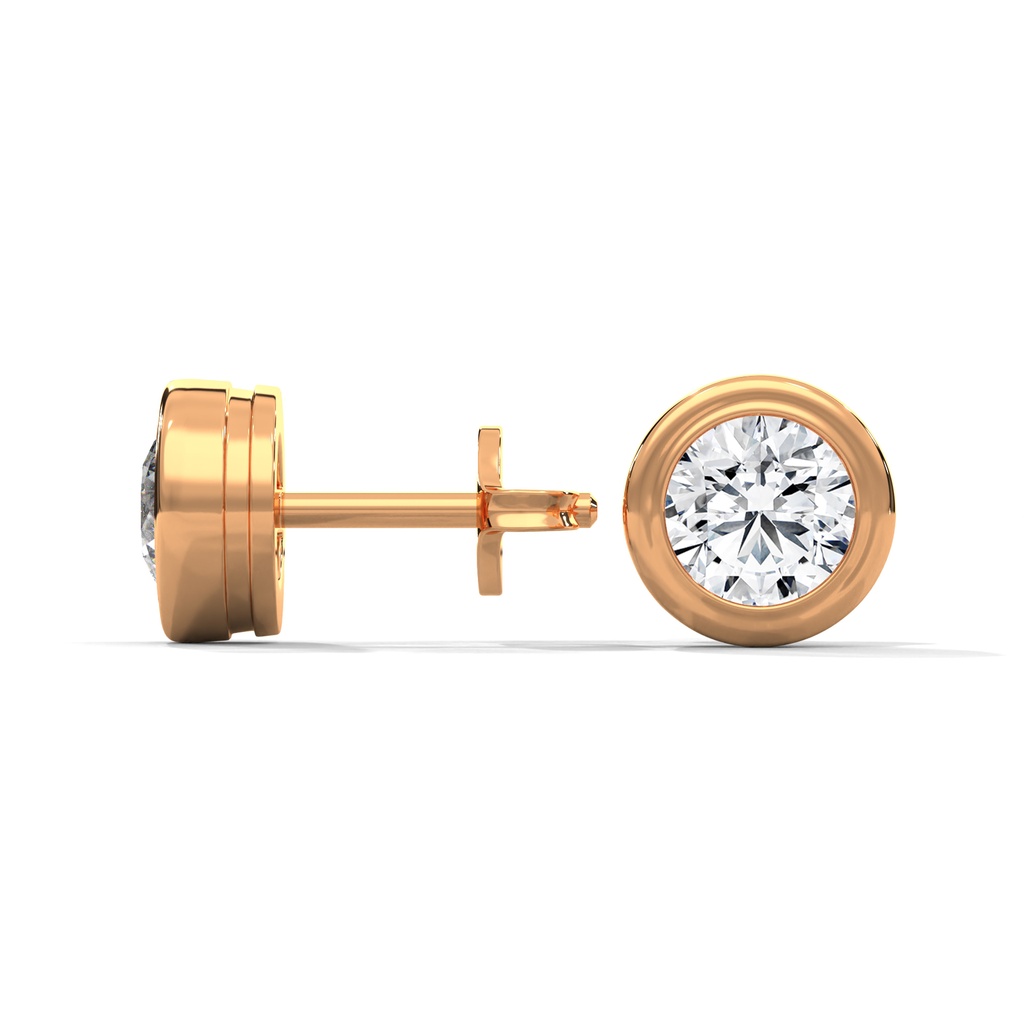 14K Rose Gold Orb-Shaped Diamond Studs side profile view highlighting the rounded, "orb" like depth of the gold setting and the secure post.