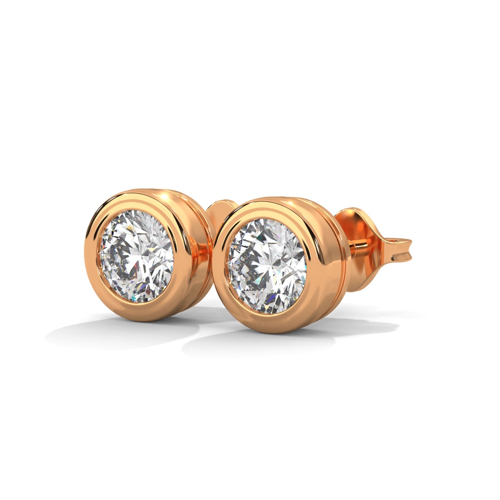 14K Rose Gold Orb-Shaped Diamond Studs front perspective view showing a brilliant round diamond securely encased in a smooth, high-polish rose gold bezel setting.
