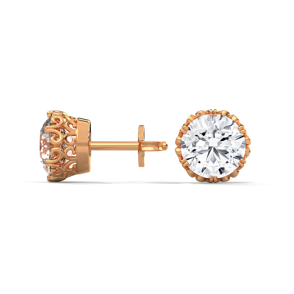 14K Rose Gold Auror Crown Studs side profile view highlighting the intricate crown-inspired basket and earring post