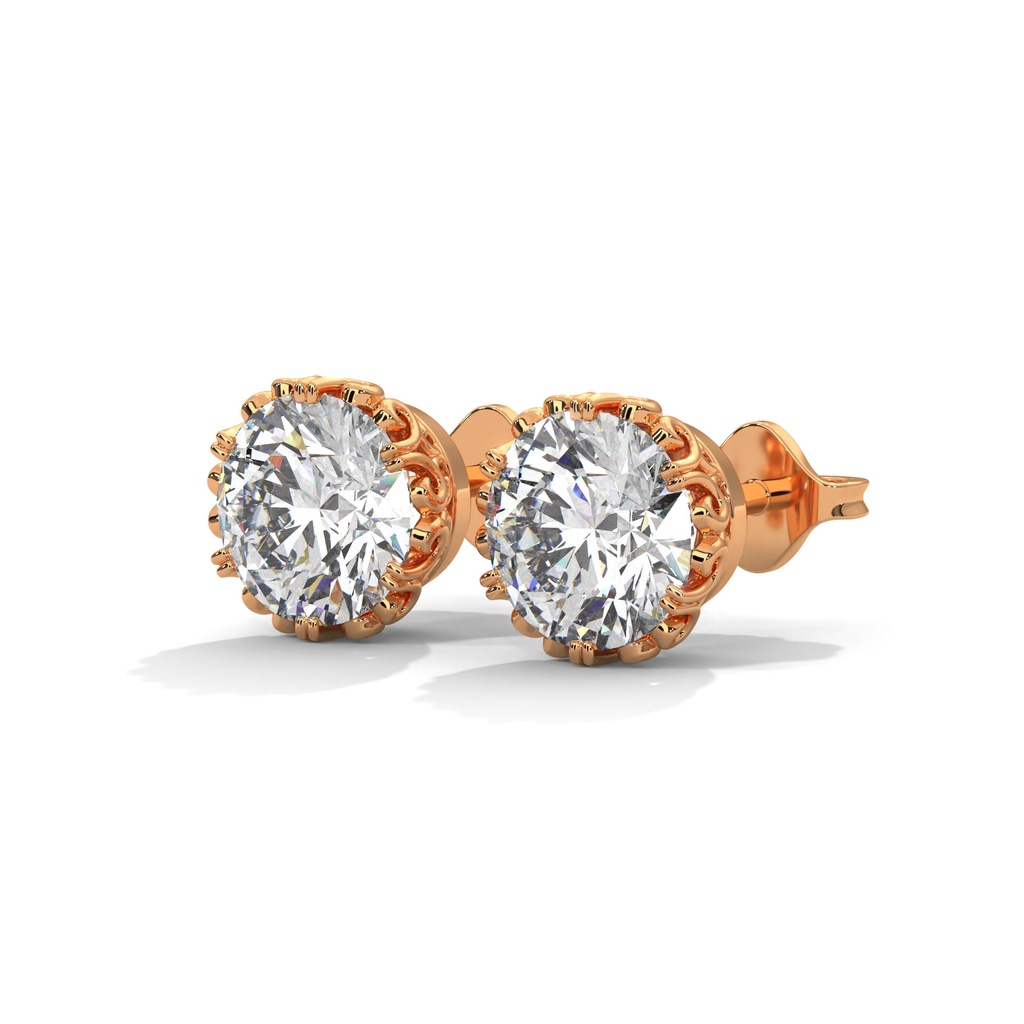 14K Rose Gold Auror Crown Studs front perspective view showing the brilliant-cut diamond in a crown-style setting