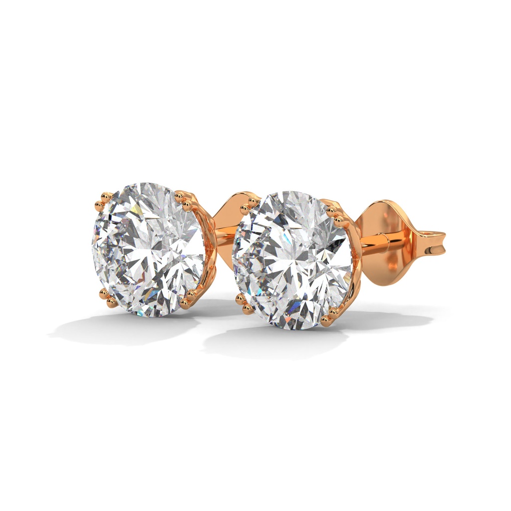 14K Rose Gold Ahvi Diamond Studs front perspective, showcasing two brilliant round-cut diamonds in a traditional four-prong solitaire setting.