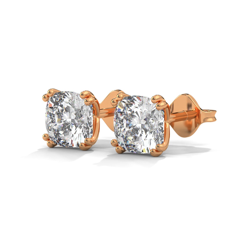 14K Rose Gold Timeless Spark Studs front perspective view showing the classic four-prong solitaire setting with brilliant round-cut diamonds.