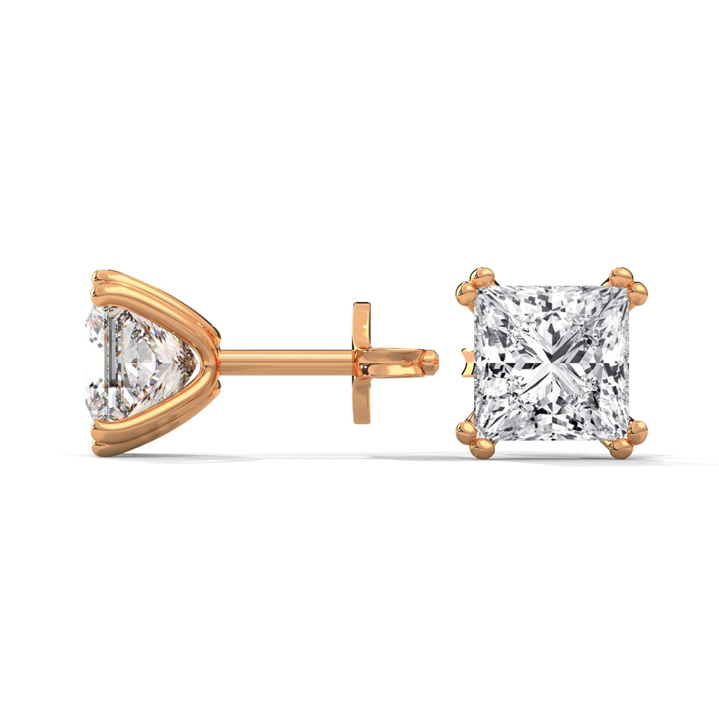 14K Rose Gold Zevar Amaze Square Solitaire Erring side profile view highlighting the secure post and the minimalist four-prong basket setting.