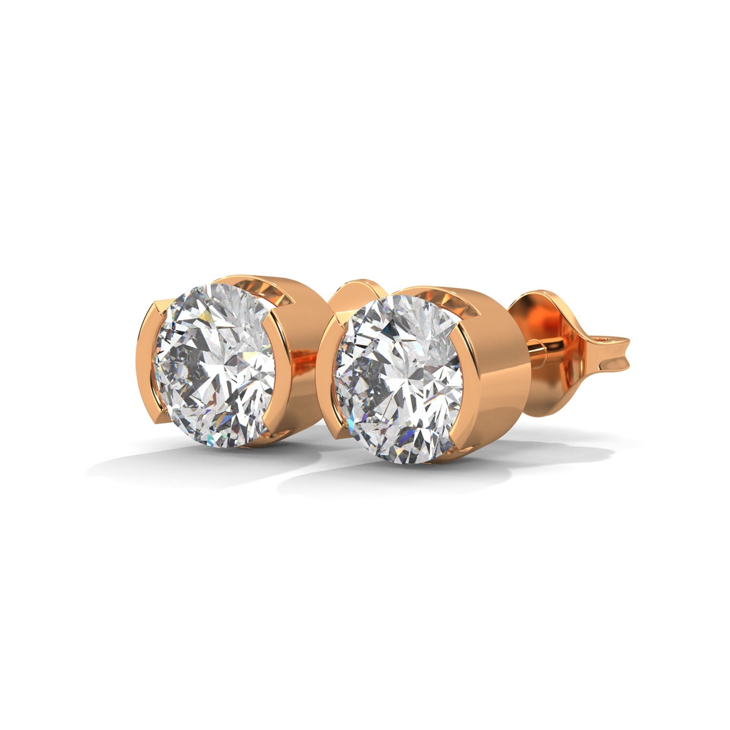 14K Rose Gold Side Arc Diamond Studs front perspective view showing a brilliant round-cut solitaire diamond held by a unique, curved "arc" prong setting.