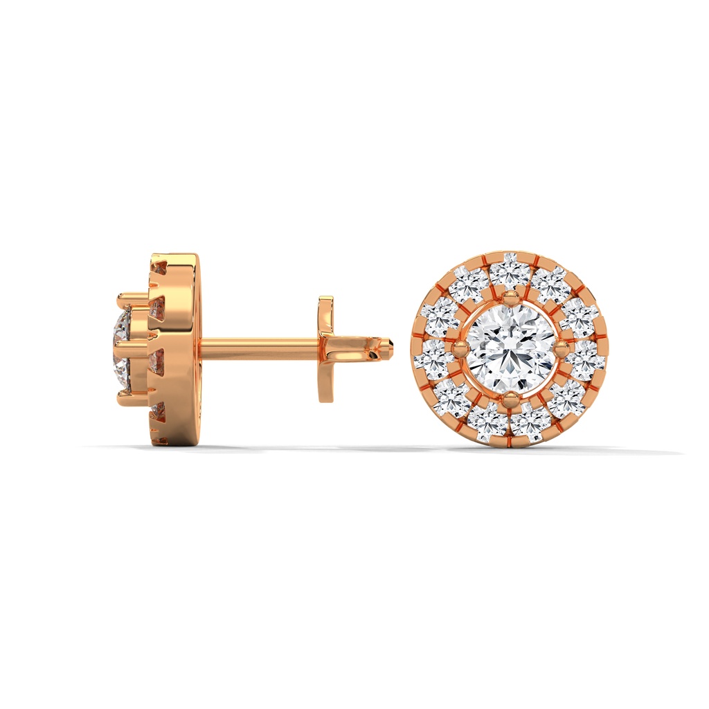 14K Rose Gold Ataraxia Round Diamond Studs side profile view showing the earring post and secure setting