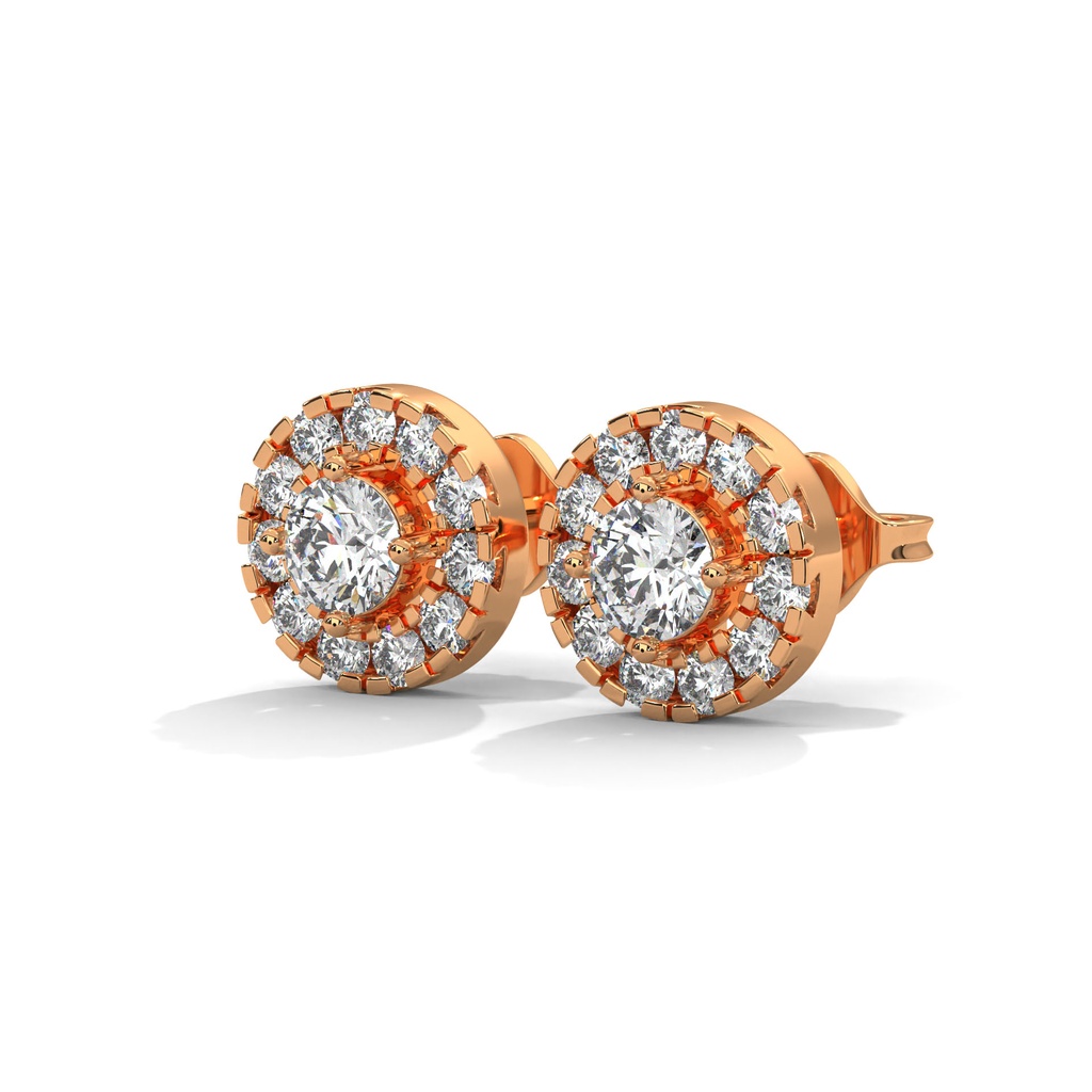 14K Rose Gold Ataraxia Round Diamond Studs front perspective view showing the circular halo diamond cluster