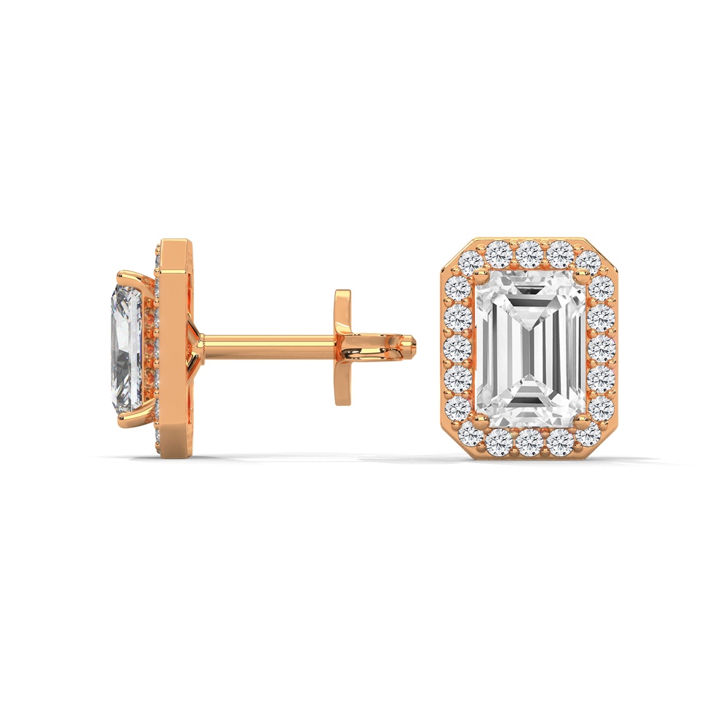 14K Rose Gold Emerald Halo Studs side profile view highlighting the secure post and the structured, architectural tiered basket setting.
