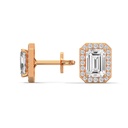 14K Rose Gold Emerald Halo Studs side profile view highlighting the secure post and the structured, architectural tiered basket setting.