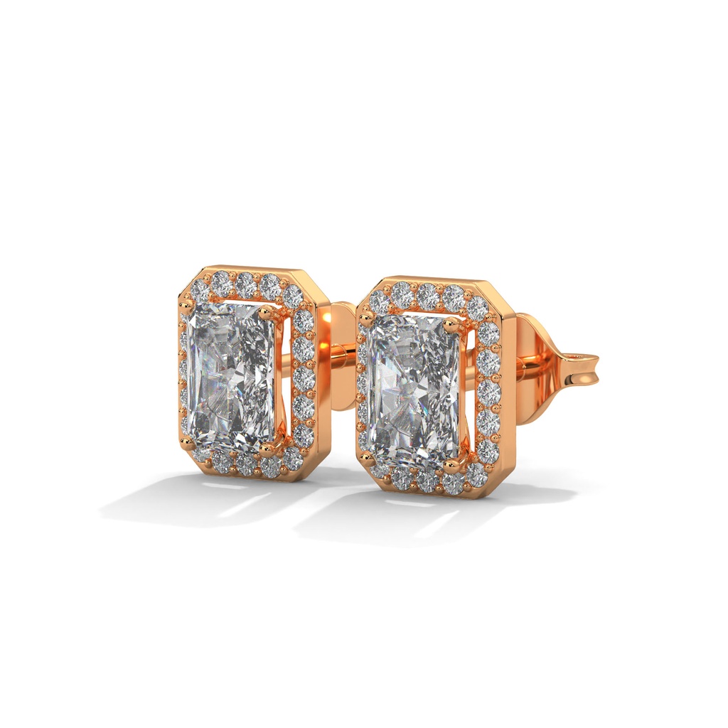 14K Rose Gold Emerald Halo Studs front perspective view showing the central emerald-cut diamond surrounded by a brilliant rectangular diamond halo.