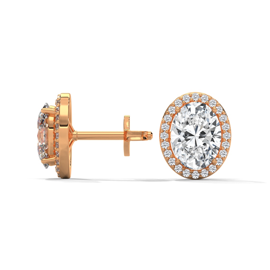 14K Rose Gold Classic Oval Halo Stud Earrings side profile view highlighting the secure post and the tiered halo basket setting.