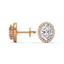 14K Rose Gold Classic Oval Halo Stud Earrings side profile view highlighting the secure post and the tiered halo basket setting.