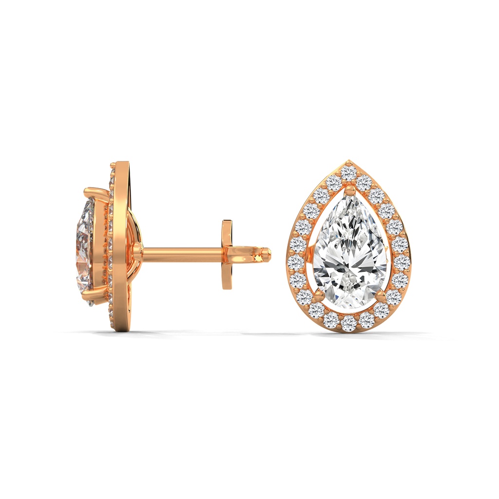 14K Rose Gold Pretty Halo Stud Earrings side profile view highlighting the secure post and the delicate, elevated basket setting.