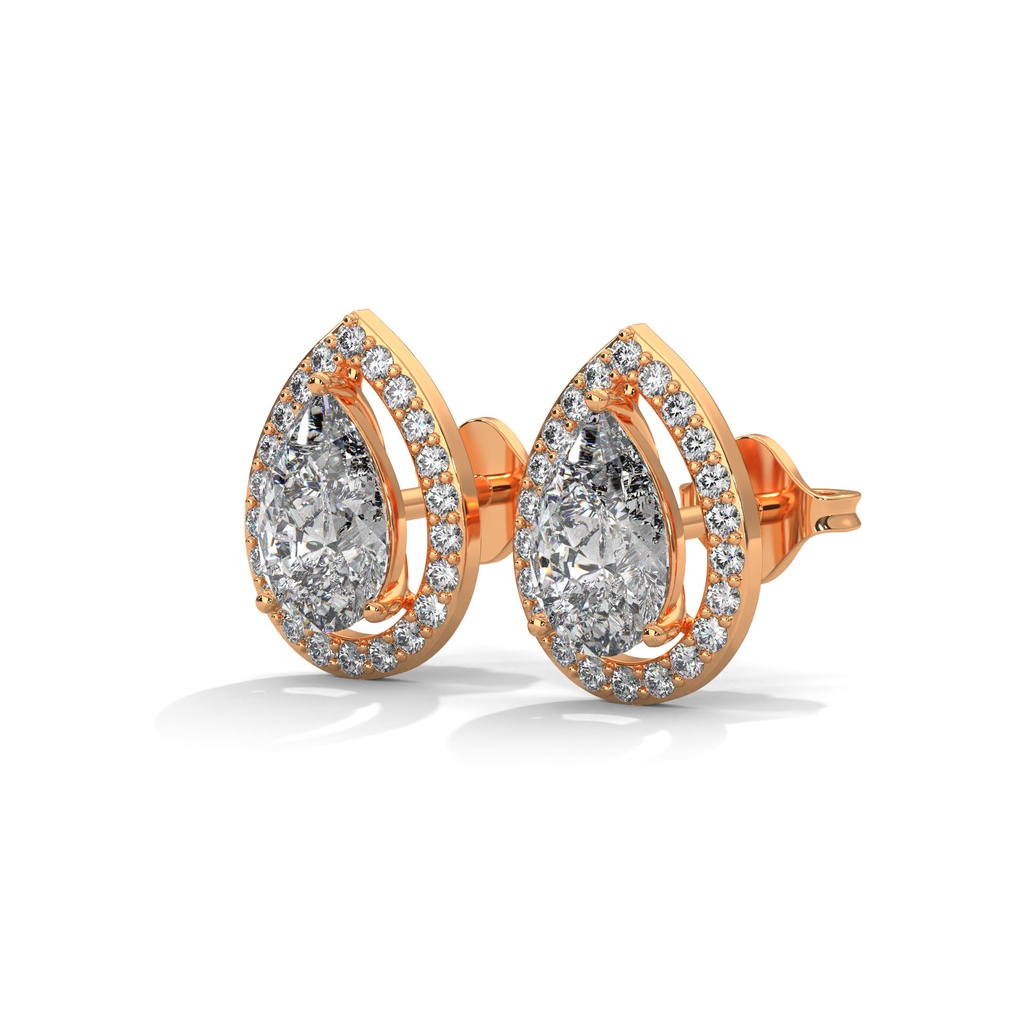 14K Rose Gold Pretty Halo Stud Earrings front perspective view showing the elegant pear-shaped diamond surrounded by a matching teardrop halo.