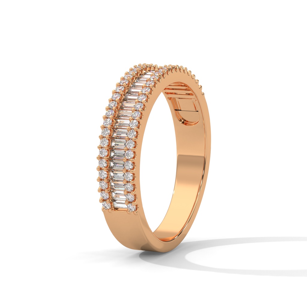Rose Gold Bespoke Diamond Band Ring Top Angle view of tiny emerald and round diamond