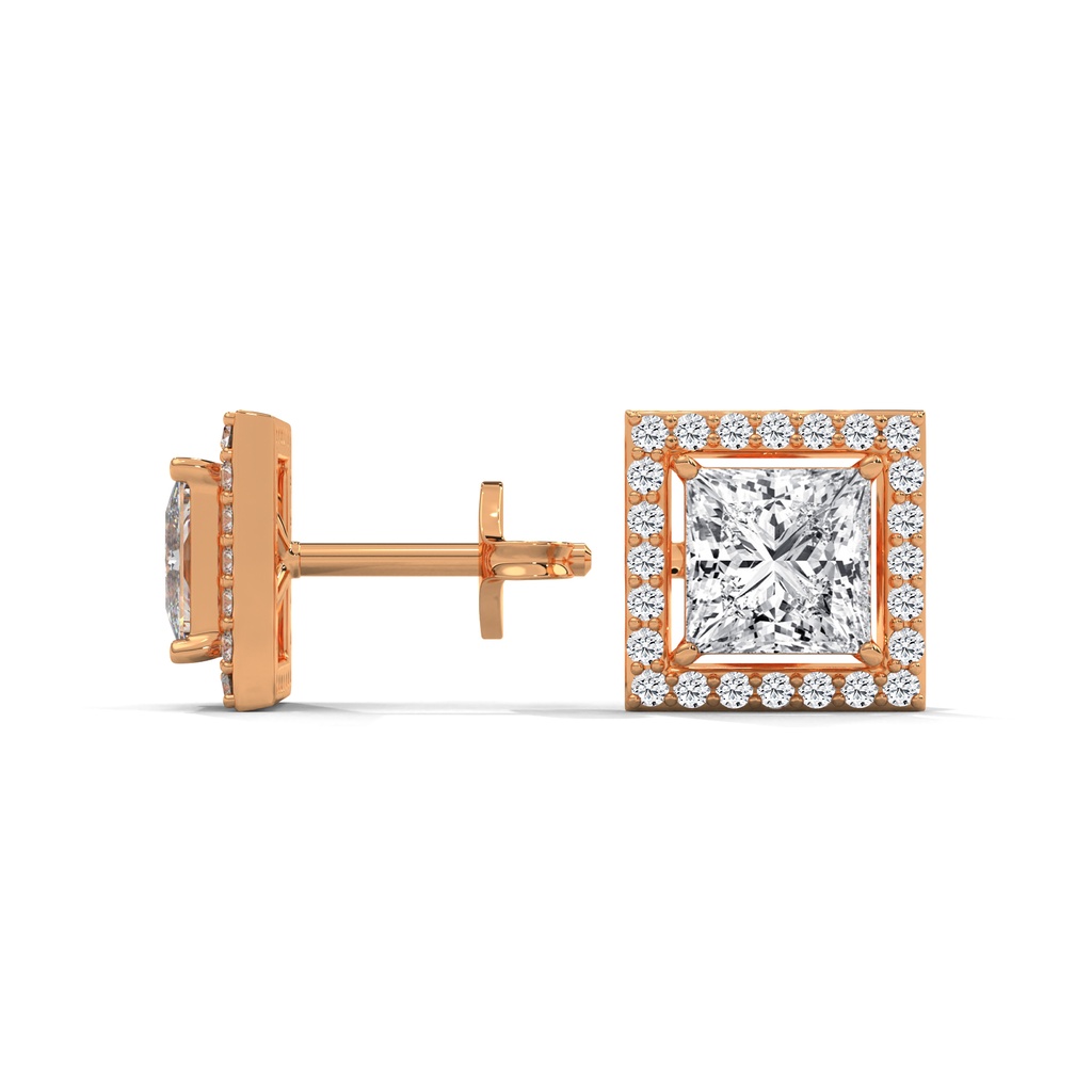 14K Rose Gold Glamour Princess Diamond Earrings side profile view highlighting the secure post and the structured geometric basket setting.