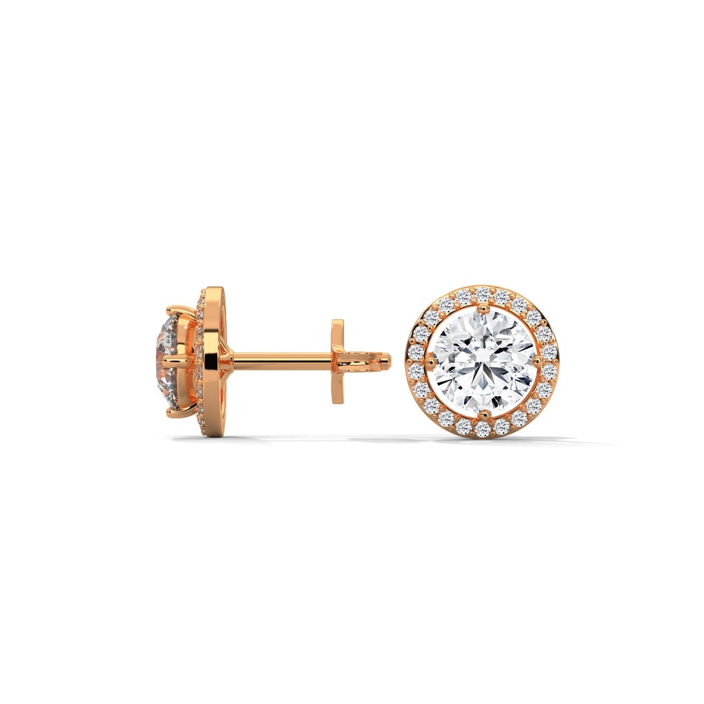 14K Rose Gold Serene Round Halo Studs side profile view highlighting the secure post and the elegant, low-profile basket setting