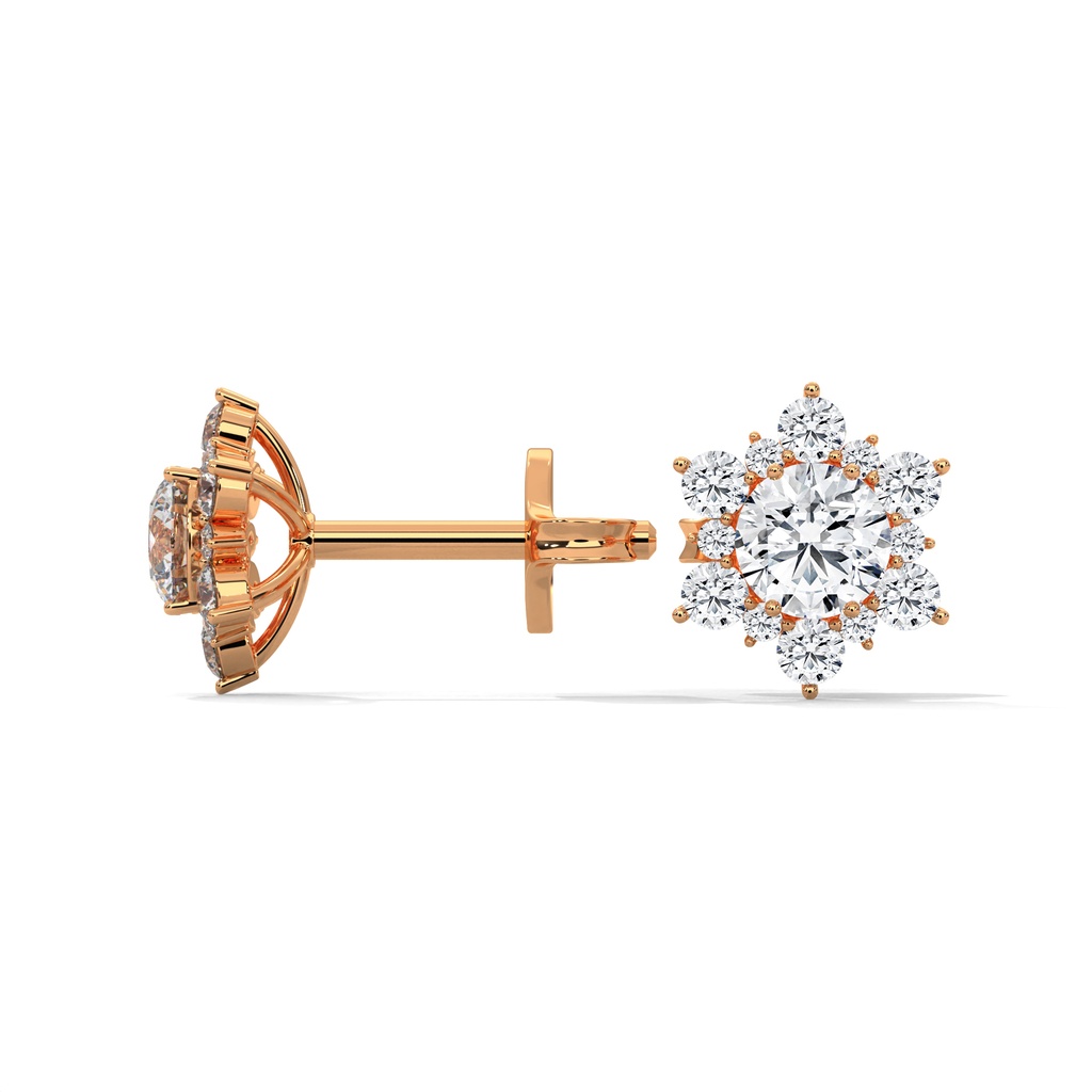 14K Rose Gold Bright Bellatrix Diamond Studs side profile view highlighting the secure post and the intricate radial setting