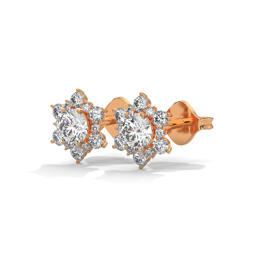 14K Rose Gold Bright Bellatrix Diamond Studs front perspective view showing the starburst halo diamond cluster