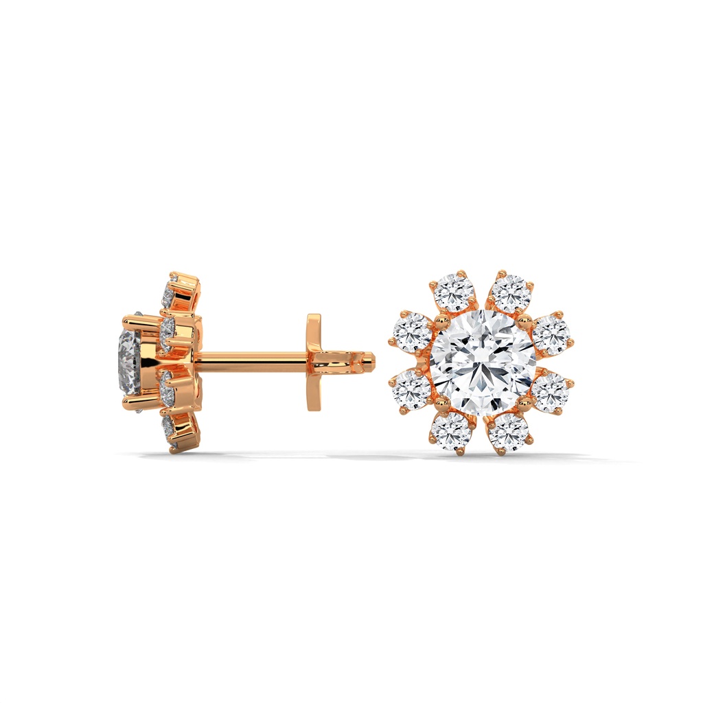 14K Rose Gold Siyana Whirl Studs side profile view highlighting the secure post and the layered, dimensional depth of the floral setting.