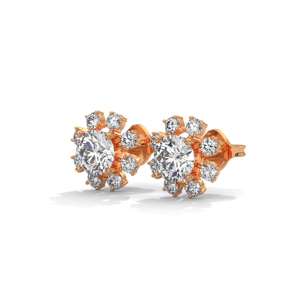 14K Rose Gold Siyana Whirl Studs front perspective view showing the intricate floral-inspired diamond cluster with a "whirling" petal arrangement.