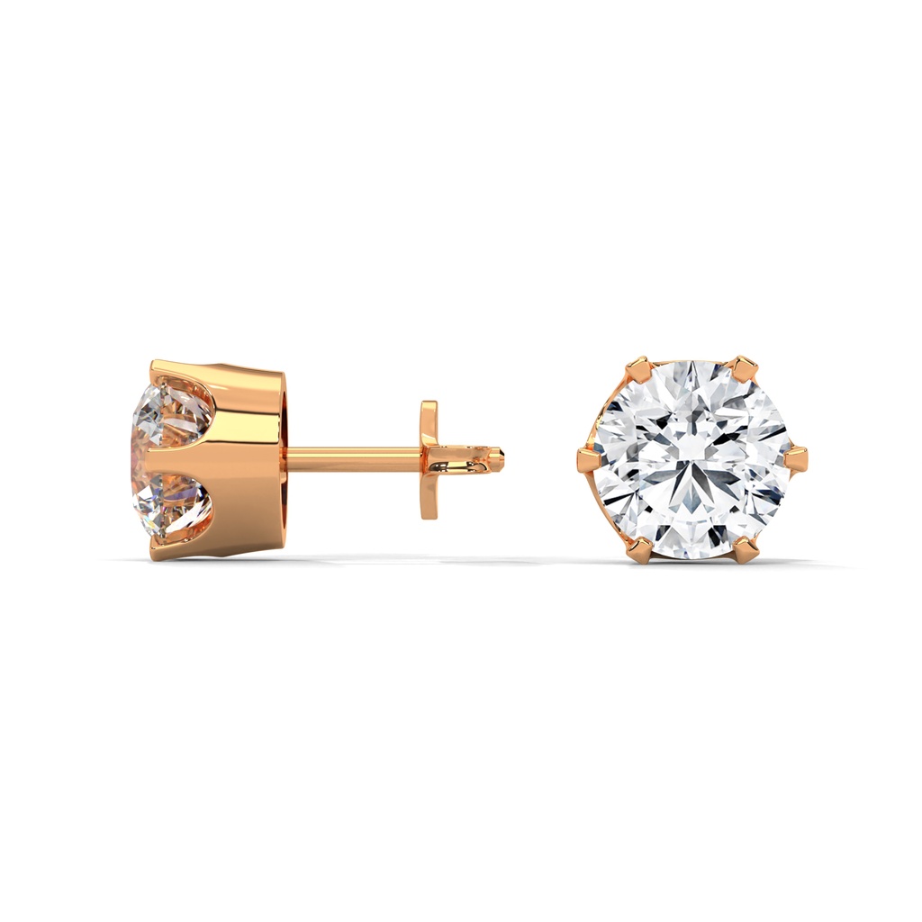 14K Rose Gold Hexolitaire Diamond Earring side profile view highlighting the secure post and the architectural hexagonal basket design.
