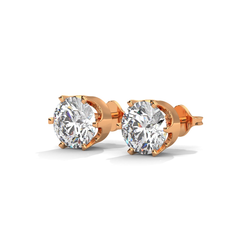 14K Rose Gold Hexolitaire Diamond Earring front perspective view showing the brilliant round-cut diamond in a unique six-prong hexagonal setting.