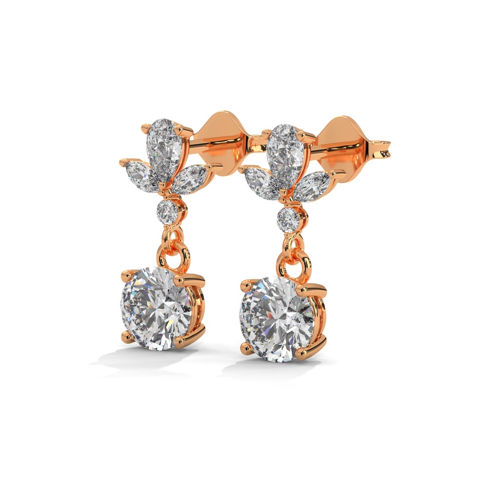 14K Rose Gold Lush Vanya Diamond Earring front perspective view showing the vertical drop design with round and marquise diamond accents.