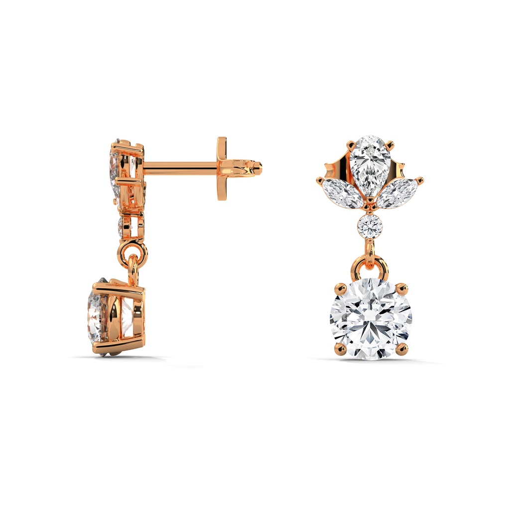 14K Rose Gold Lush Vanya Diamond Earring side profile view highlighting the secure post and the elegant articulated drop movement.