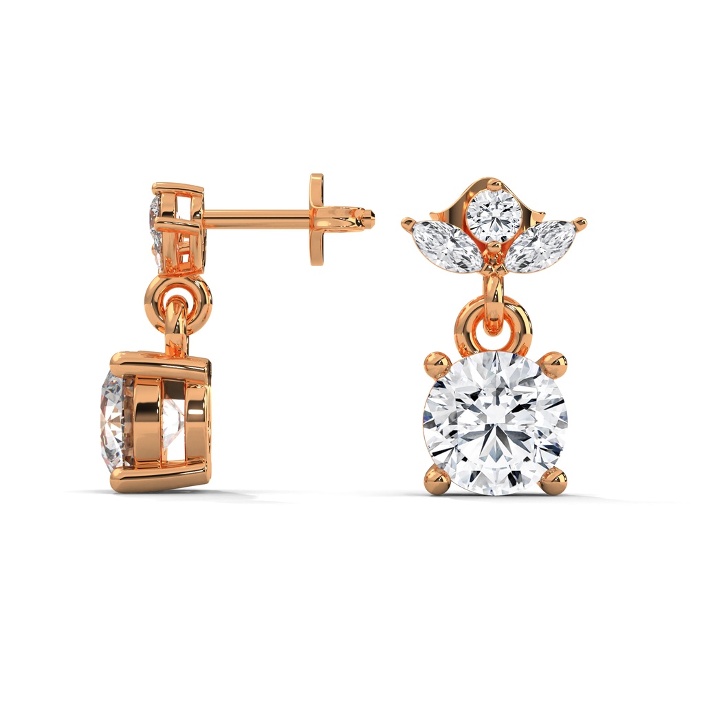 14K Rose Gold Peora Diamond Earrings side profile view highlighting the secure post and the elegant dangle connection
