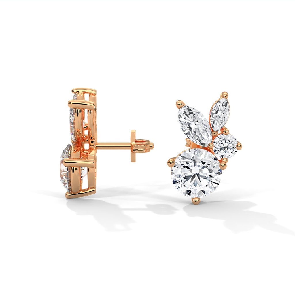 14K Rose Gold Sterling Silver Cirque Diamond Earrings side profile view highlighting the earring post and secure setting