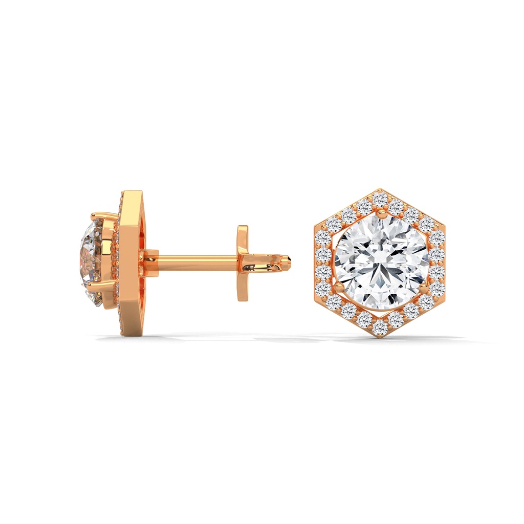 14K Rose Gold Hexagon Halo Round Diamond Earrings side profile, highlighting the structural depth of the hexagonal basket and the secure earring post.