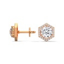 14K Rose Gold Hexagon Halo Round Diamond Earrings side profile, highlighting the structural depth of the hexagonal basket and the secure earring post.