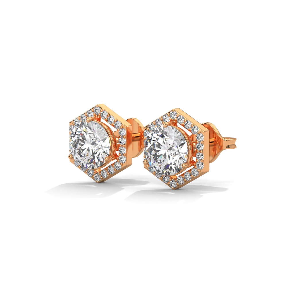 14K Rose Gold Hexagon Halo Round Diamond Earrings front perspective, showing a brilliant round center diamond framed by a sharp, six-sided geometric diamond halo.