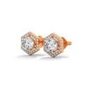 14K Rose Gold Hexagon Halo Round Diamond Earrings front perspective, showing a brilliant round center diamond framed by a sharp, six-sided geometric diamond halo.