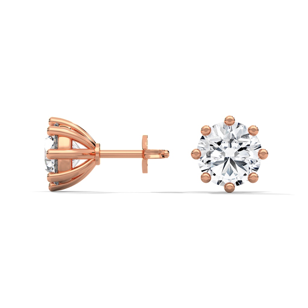 14K Rose Gold Dazzle Round Diamond Earrings side profile view highlighting the secure earring post and the delicate prong architecture.