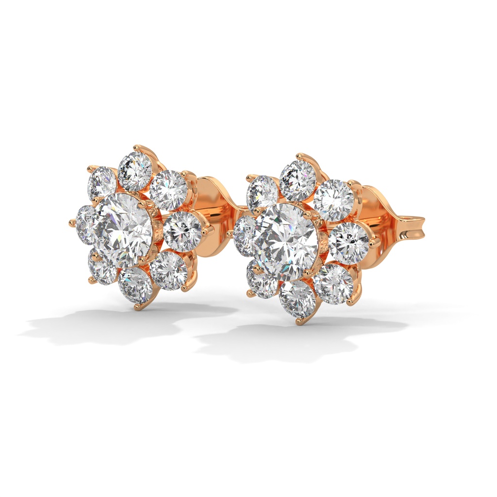 14K Rose Gold Supernova Diamond Earrings front perspective, featuring a brilliant starburst cluster of marquise and round diamonds that create a high-impact "supernova" effect.