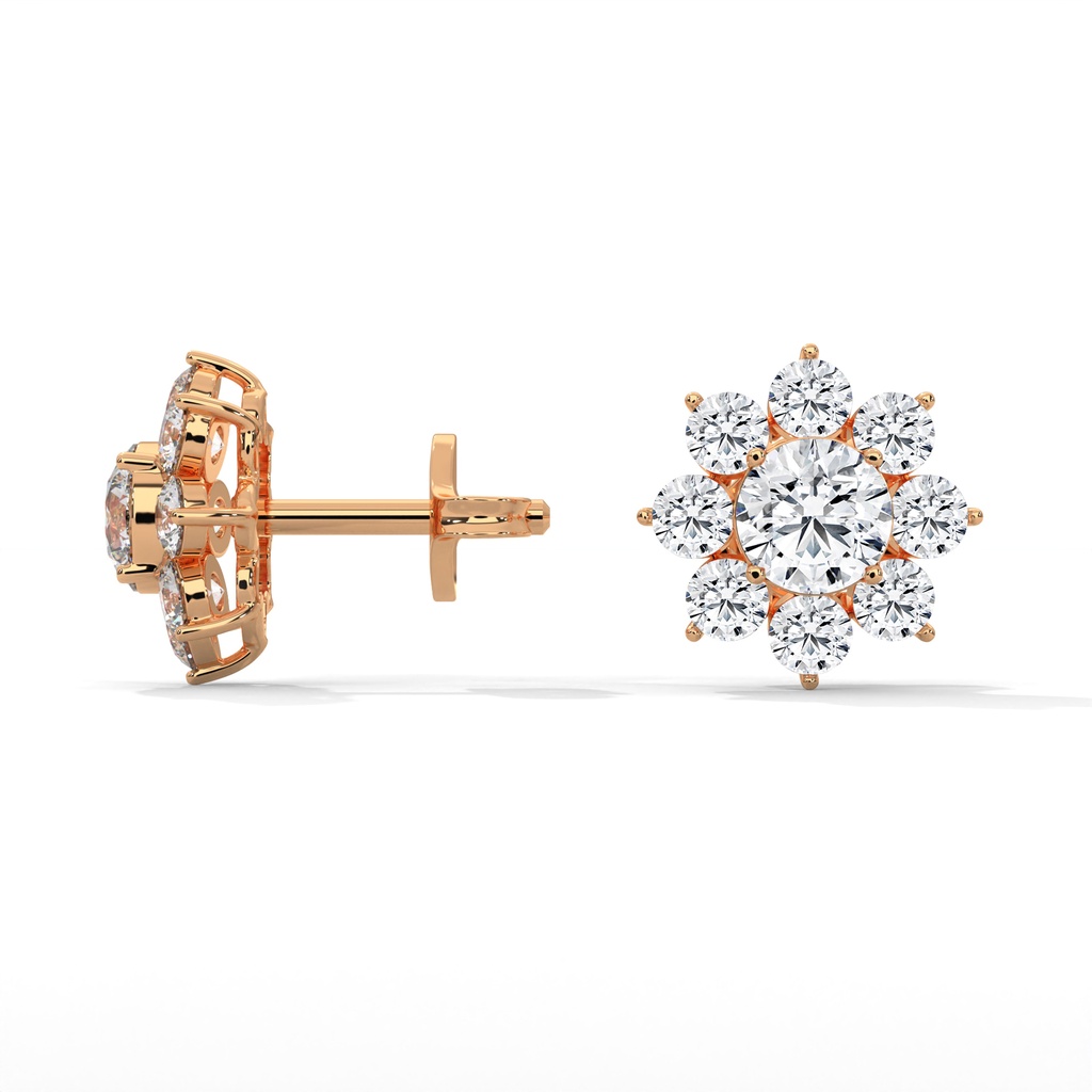14K Rose Gold Supernova Diamond Earrings side profile view, highlighting the intricate multi-pronged basket and the secure, high-polish rose gold post.
