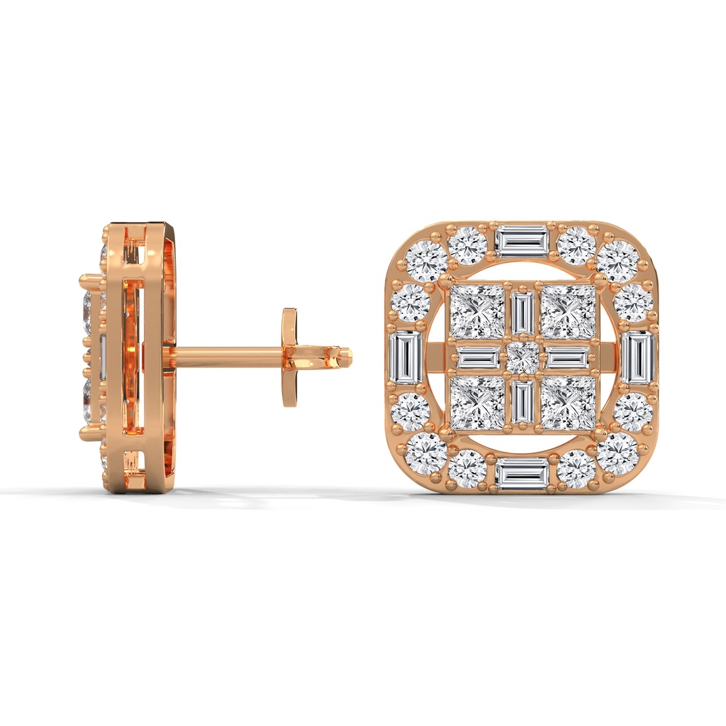 14K Rose Gold Ariana Petite Diamond Earrings side profile view highlighting the secure post and the multi-layered "petite" basket setting.