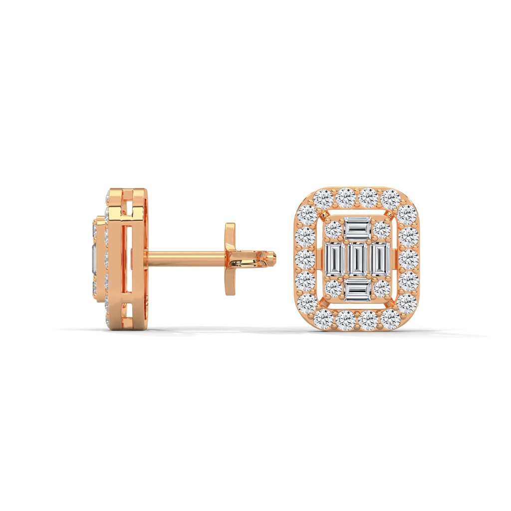 14K Rose Gold Louvre Luxe Diamond Earring side profile view highlighting the earring post and secure basket setting