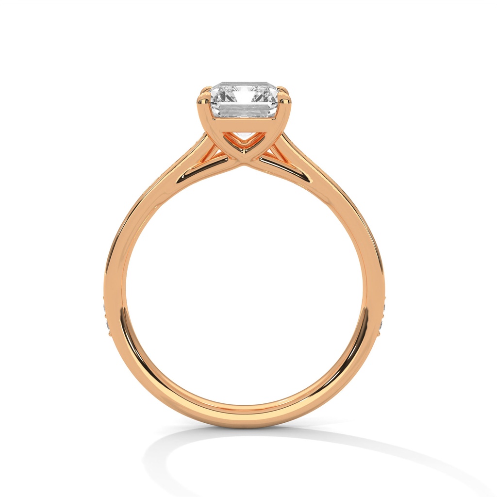 14K Rose Gold Emerald Cut Diamond Ring side diamond Pave setting view